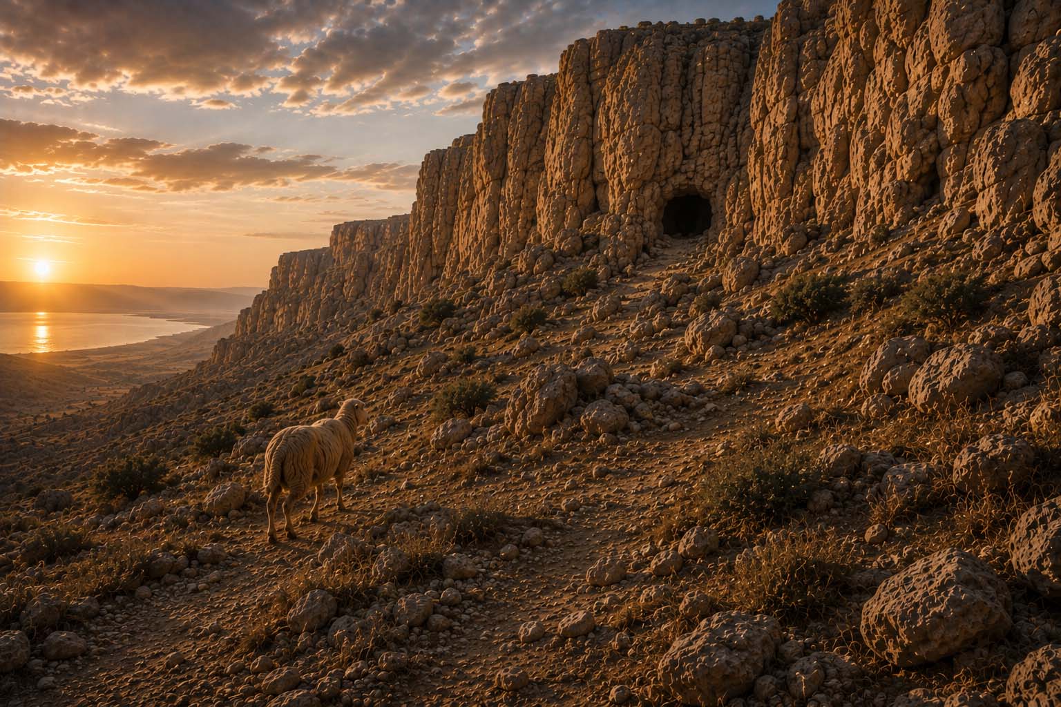 Viewpoint 2, a lost sheep moving toward a cave in the cliffs