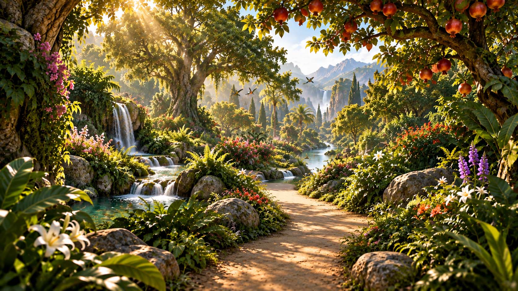 A garden path beside living water and flowering plants