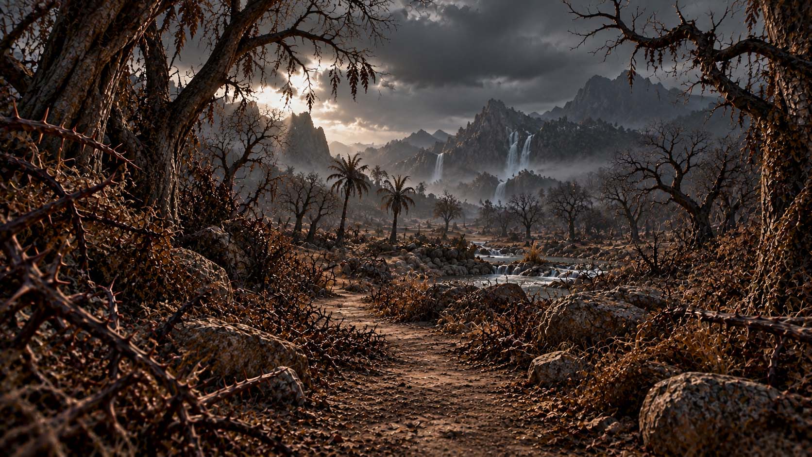 A desolate path of thorns and dying plants
