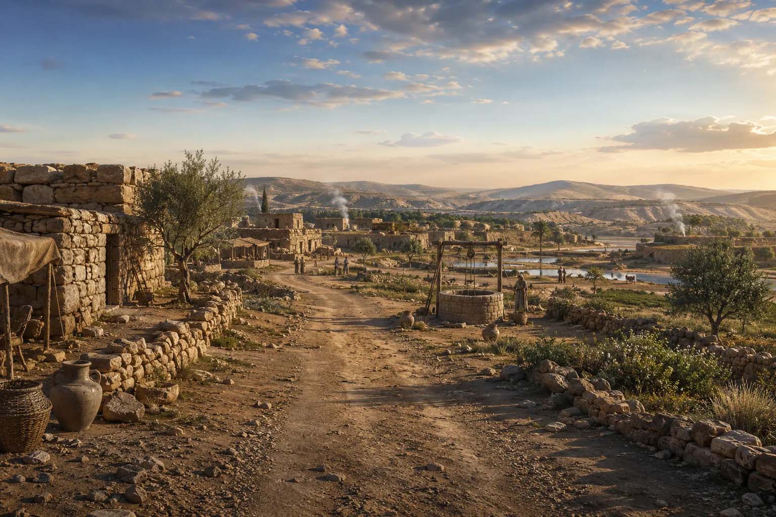 Reconstructed ancient settlement road leading toward a stone well at sunset