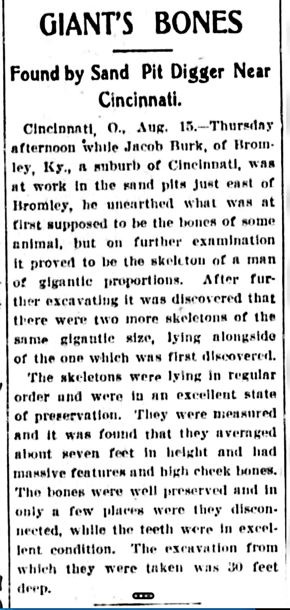 Giant's Bones, Found by Sand Pit Digger Near Cincinnati newspaper clipping