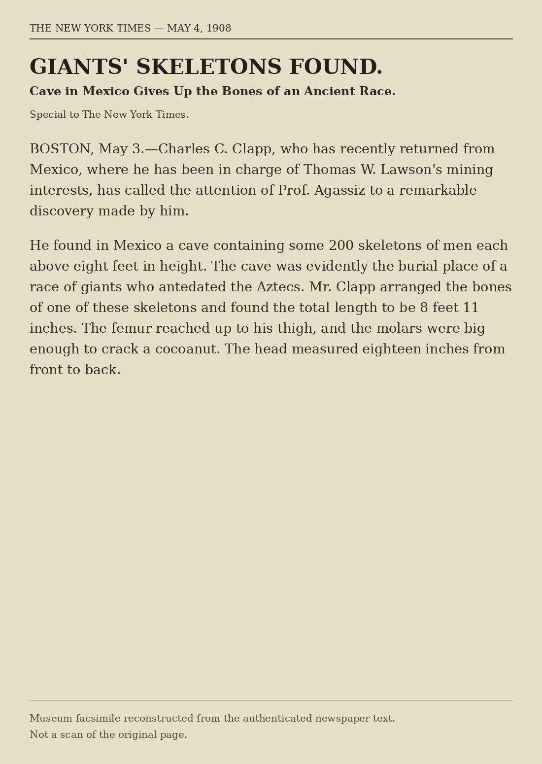 Museum facsimile of the May 4, 1908 New York Times report