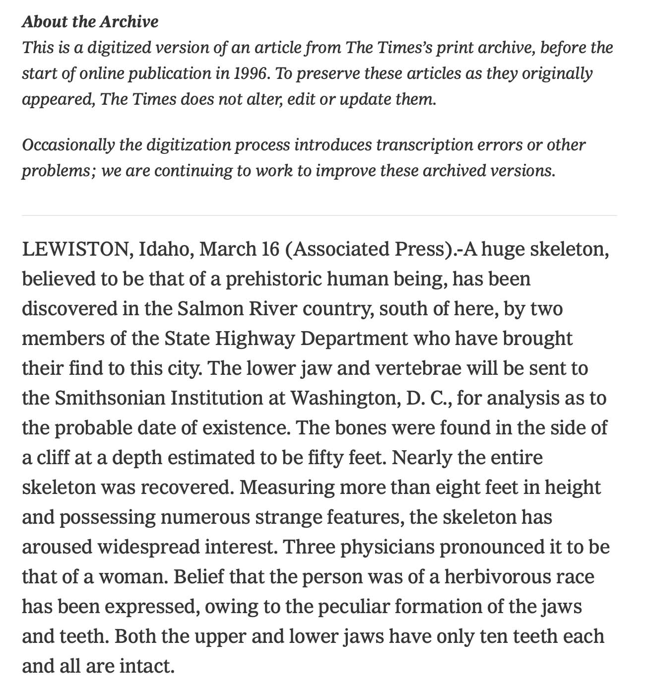 Later Associated Press report on the Salmon River skeleton