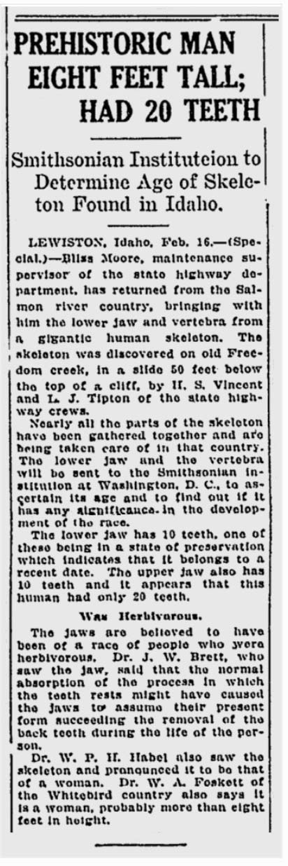 1924 Spokane Daily Chronicle clipping reporting the Salmon River skeleton discovery