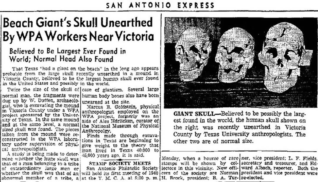 San Antonio Express clipping, Beach Giant's Skull Unearthed By WPA Workers Near Victoria