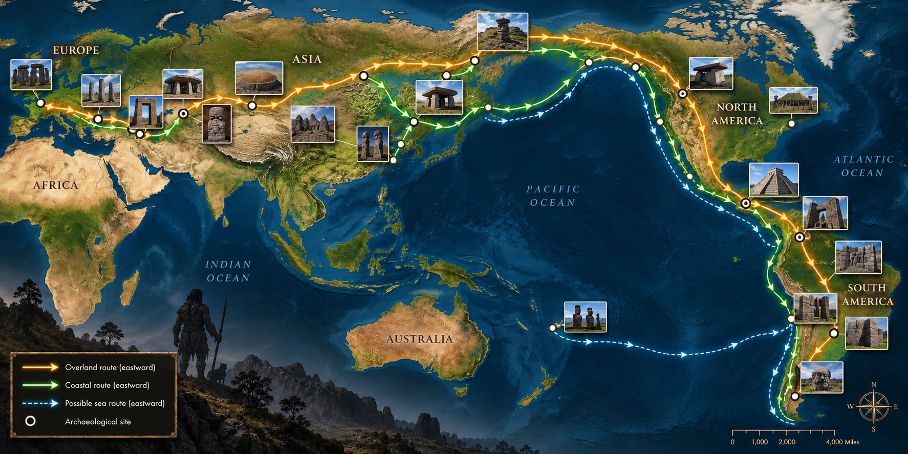 Illustrated research map showing a possible eastward migration route across Eurasia toward the Americas with megalithic and ancient architectural sites along the route