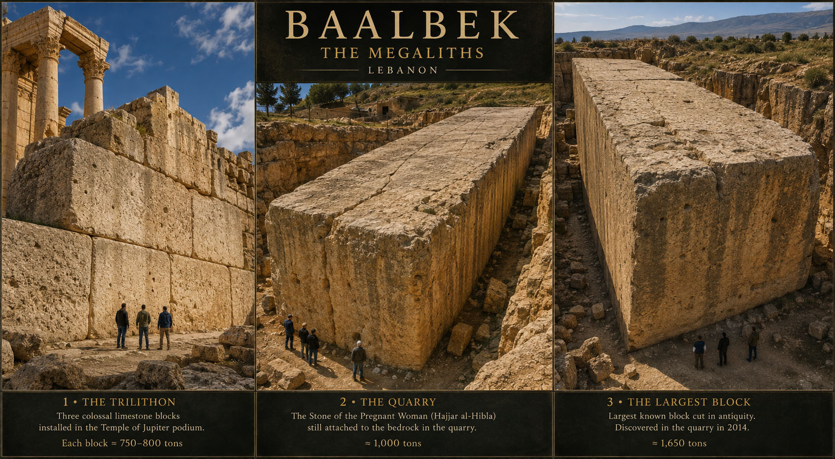 Illustrated three-panel scale study of the Baalbek Trilithon and quarry megaliths