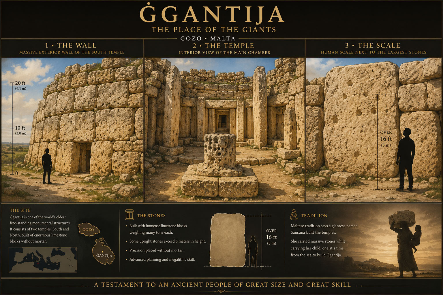 Illustrated museum panel of Ġgantija showing its megalithic walls, temple interior, and human silhouettes for scale