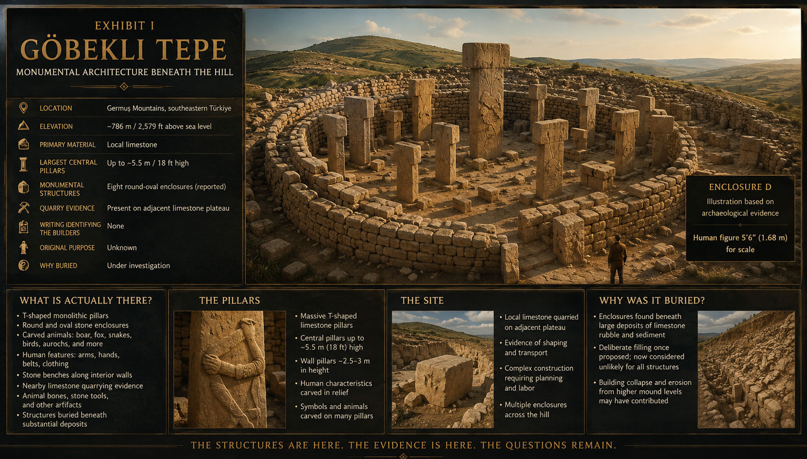 Museum illustration of Göbekli Tepe showing monumental T-shaped limestone pillars and a five-foot-six human scale figure
