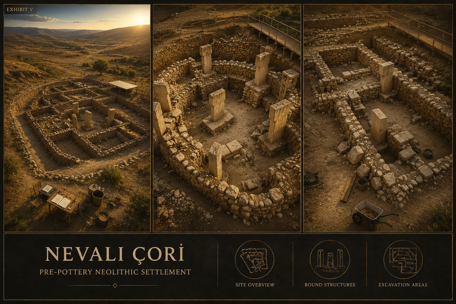 Three-panel museum illustration of Nevalı Çori showing the excavation landscape, monumental building, and settlement architecture
