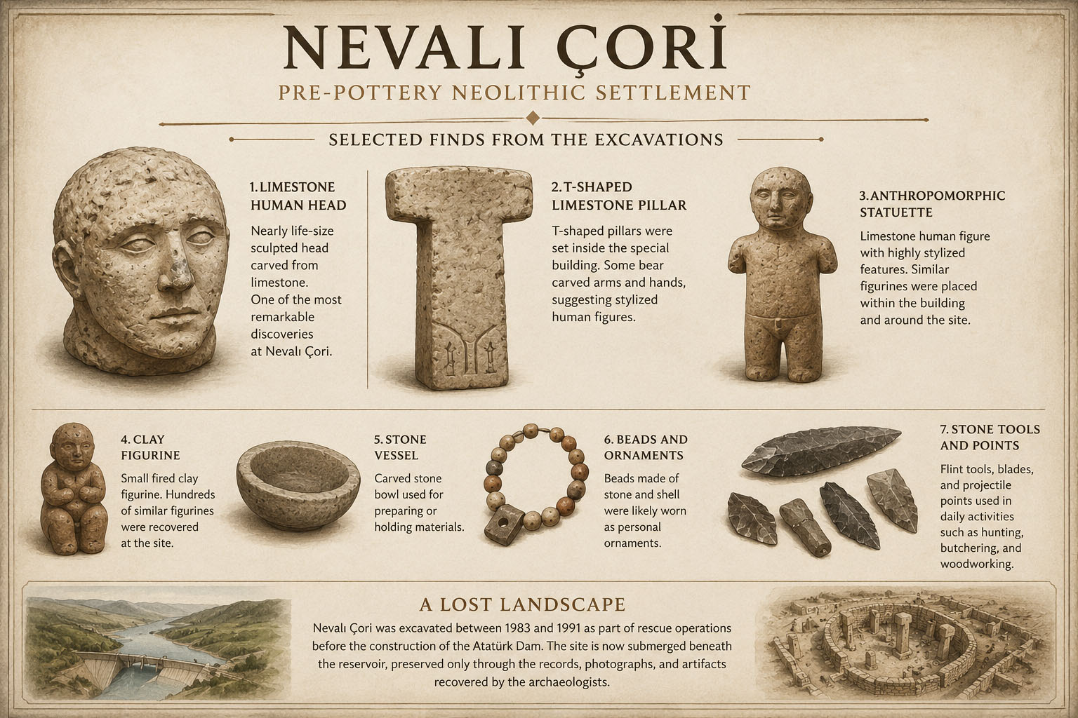 Illustrated selection of archaeological finds associated with Nevalı Çori