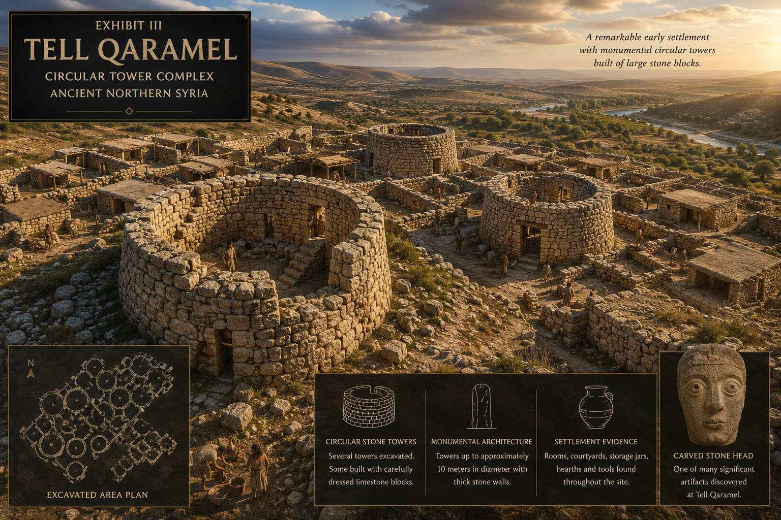 Conceptual museum reconstruction of Tell Qaramel in northern Syria showing circular stone towers and surrounding settlement architecture