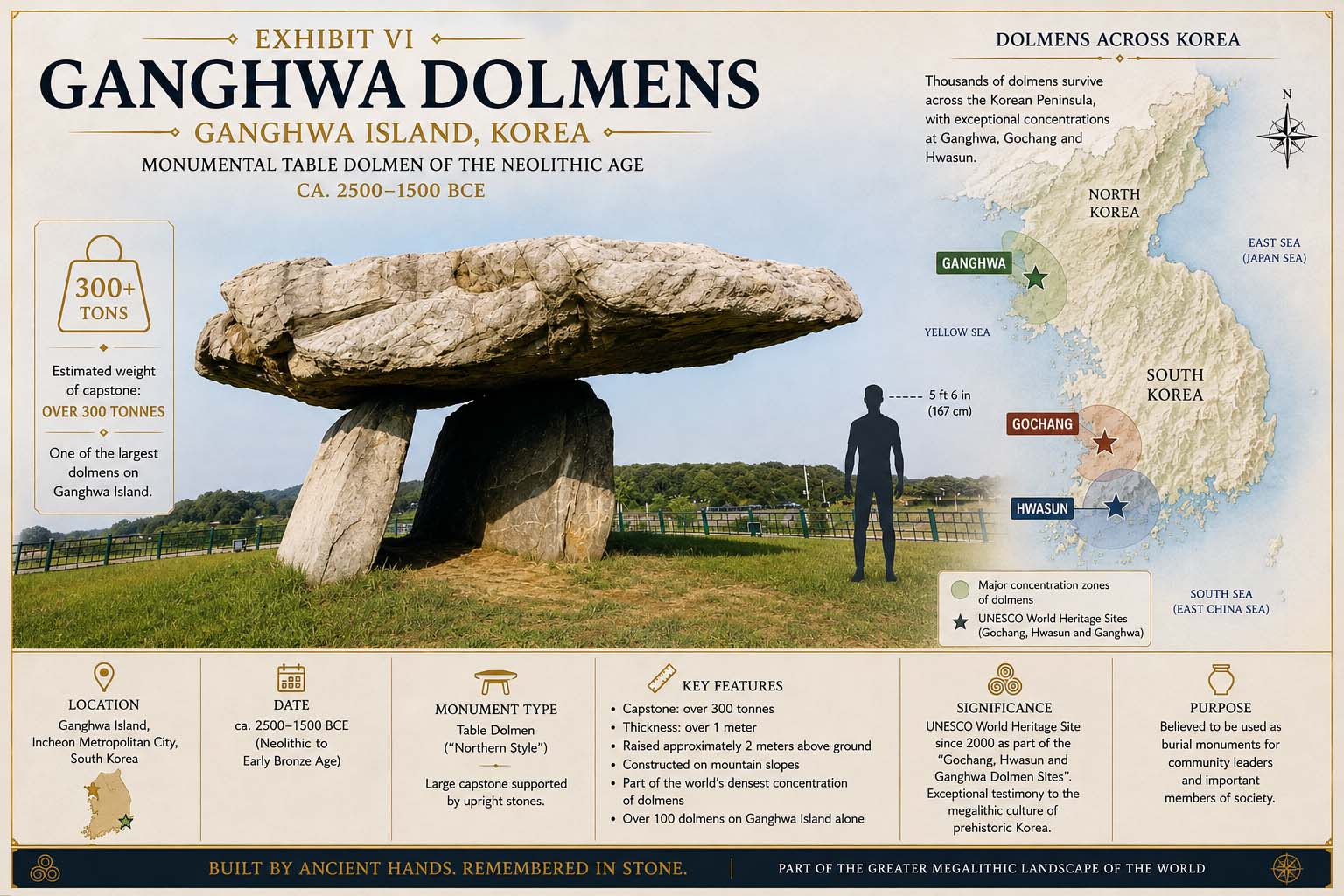Museum illustration of a Ganghwa table dolmen with a map marking Ganghwa, Gochang and Hwasun concentration zones