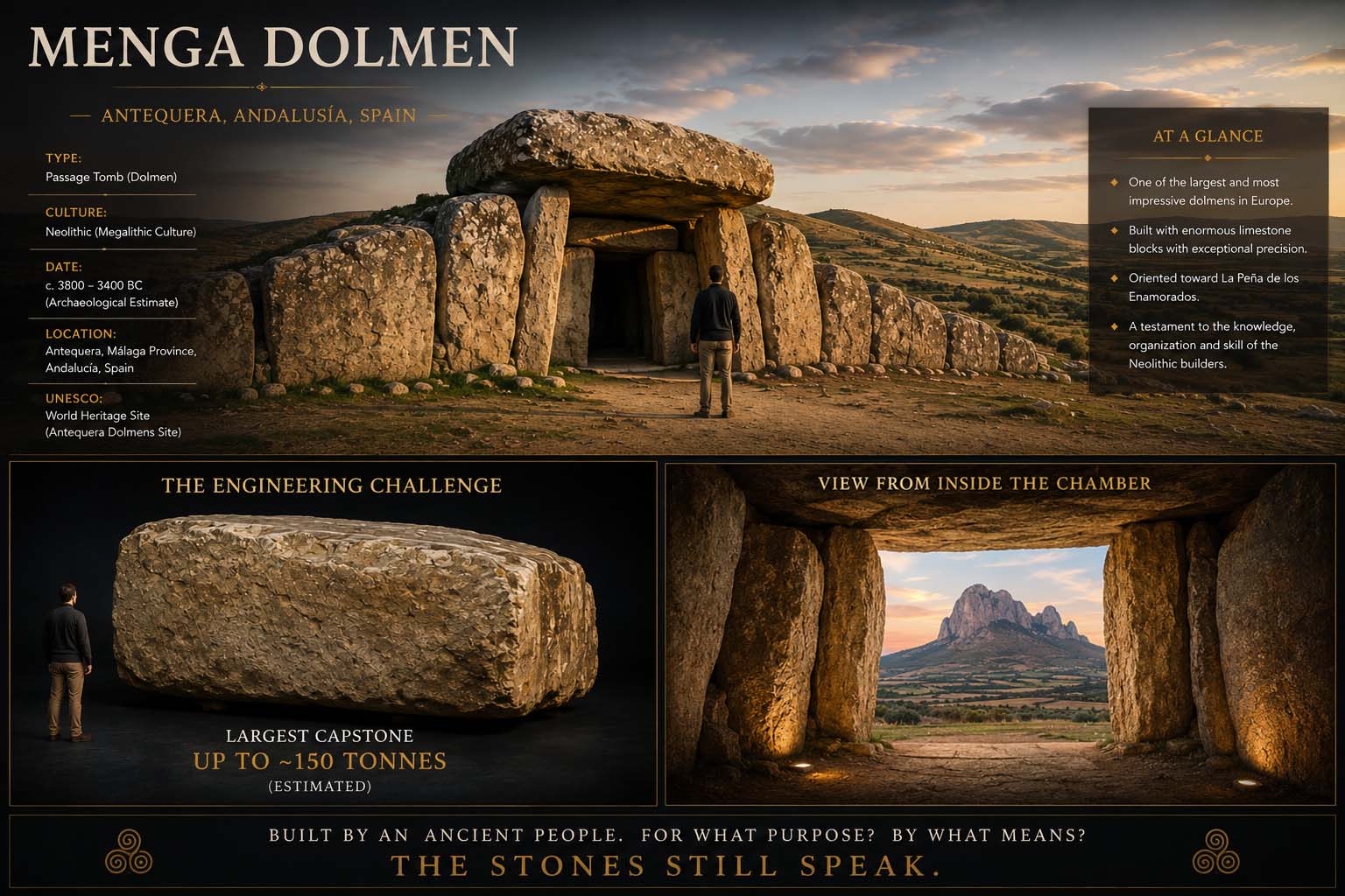 Museum illustration of Menga Dolmen with a human scale comparison, monumental capstone and chamber view
