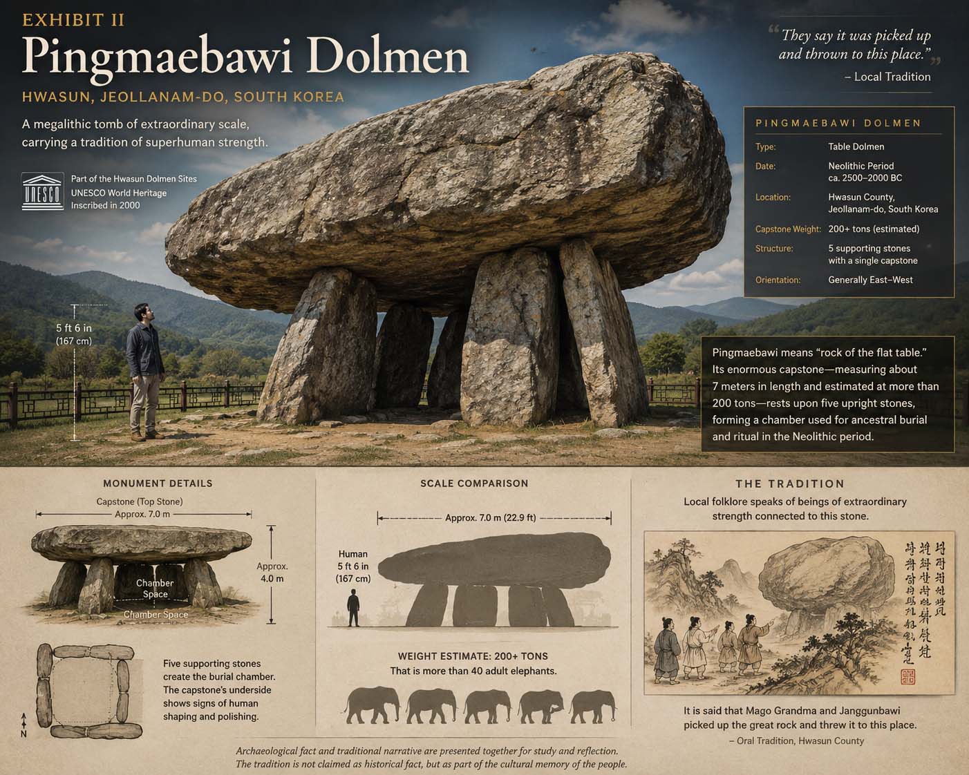 Museum illustration of Pingmaebawi Dolmen with a five foot six inch human scale figure and traditional folklore panel