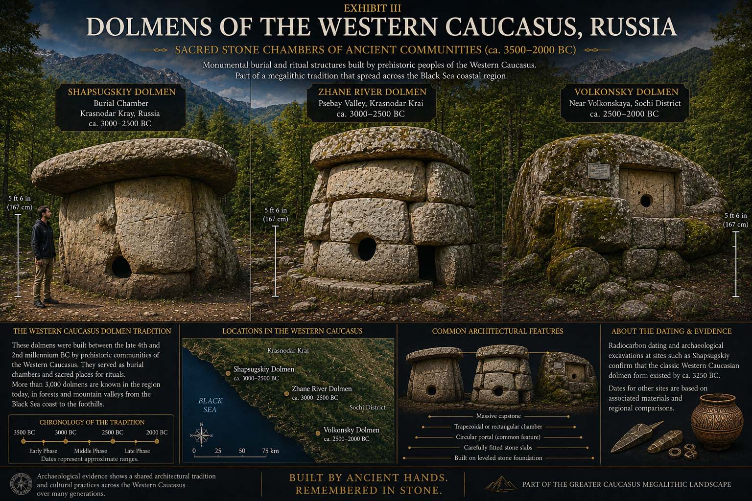 Museum illustration comparing the Shapsugskiy, Zhane River and Volkonsky dolmens of the Western Caucasus