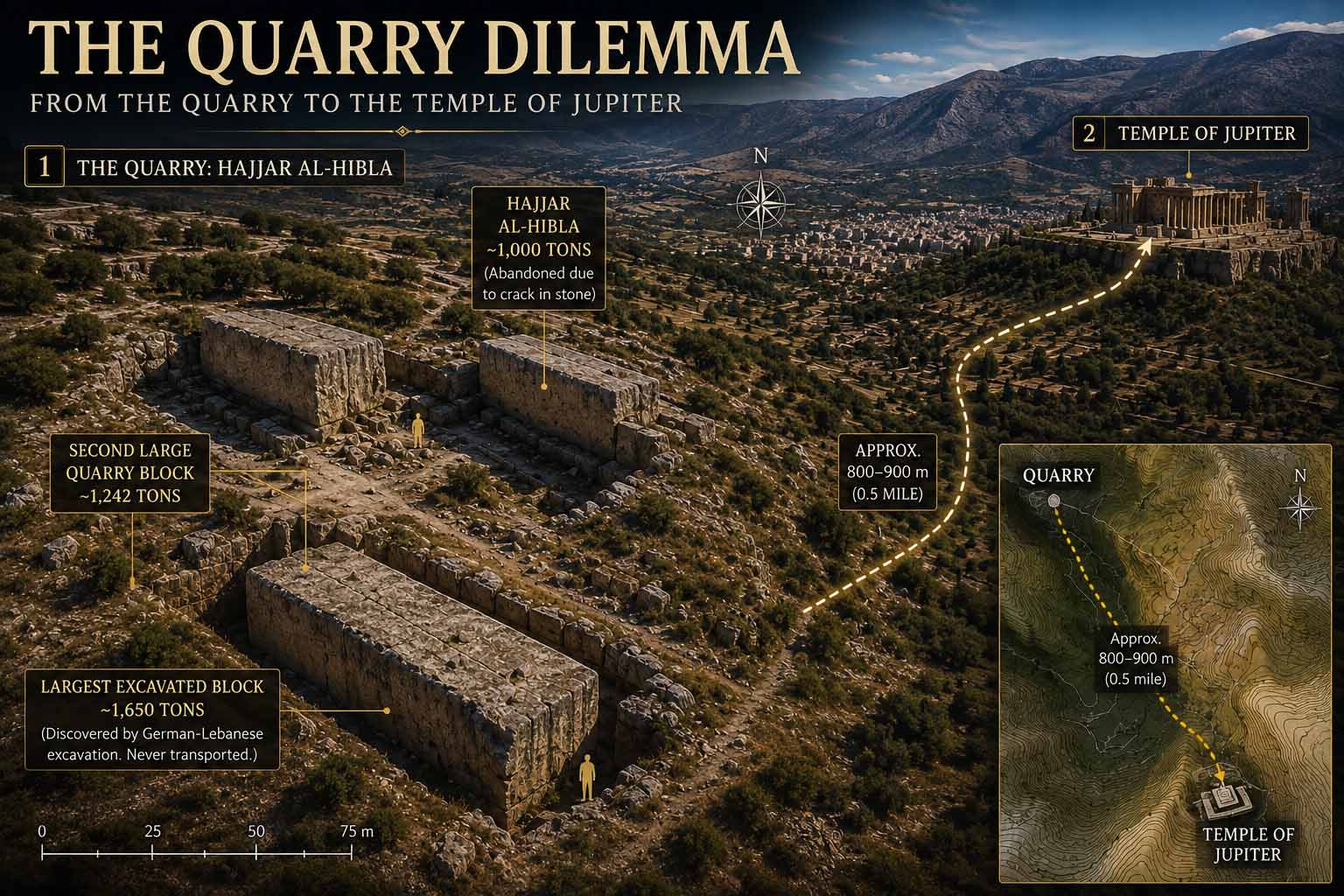 Museum topographic illustration of the Baalbek quarry and the route toward the Temple of Jupiter