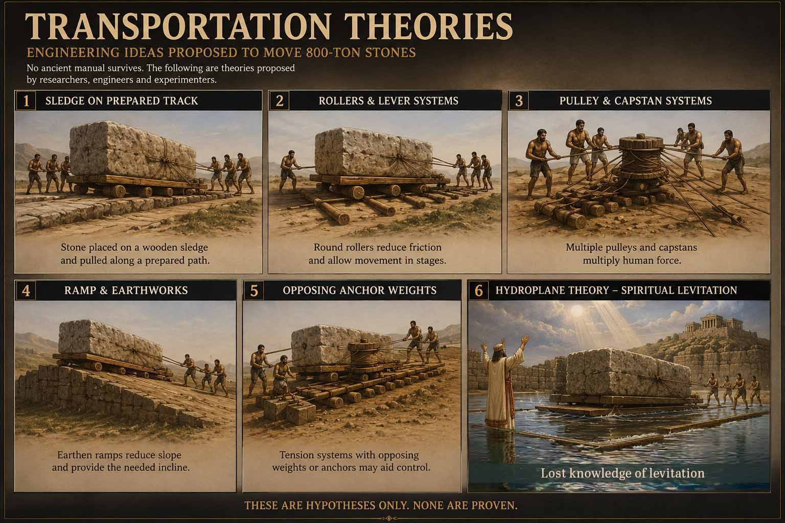 Museum illustration comparing proposed methods for moving the Baalbek megaliths