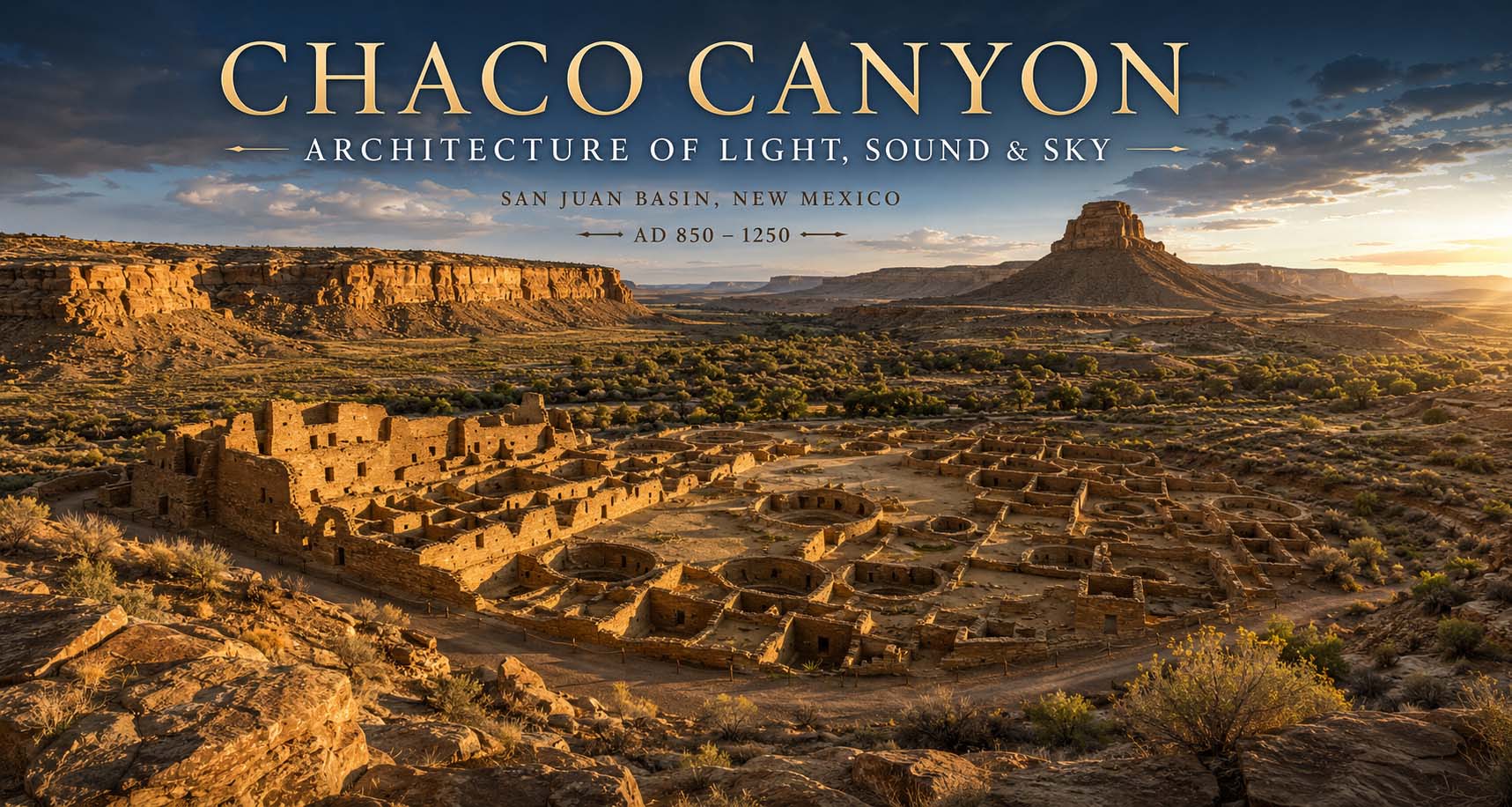 Museum overview illustration of Chaco Canyon and Pueblo Bonito