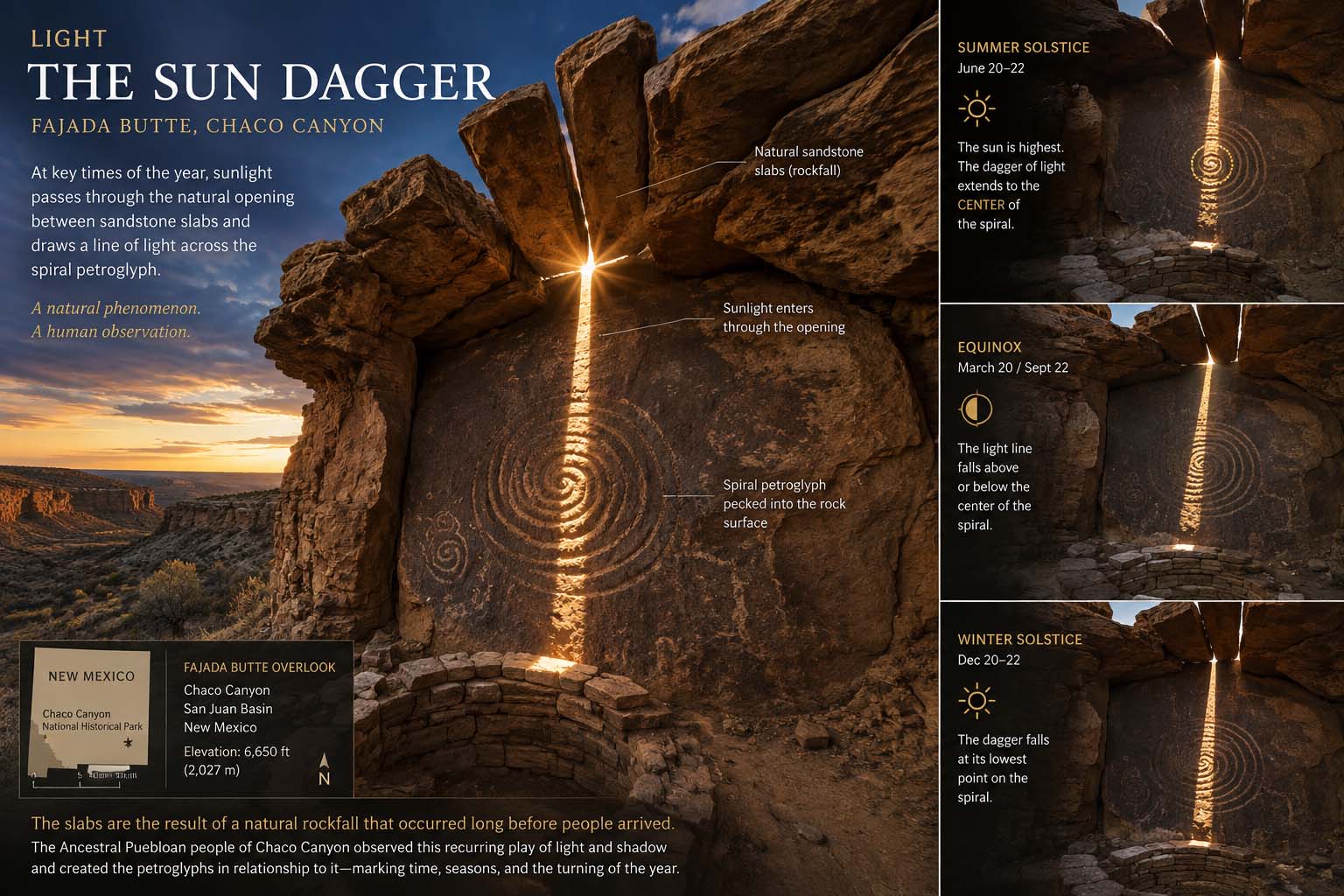 Interpretive illustration of sunlight interacting with the spiral petroglyph at Fajada Butte