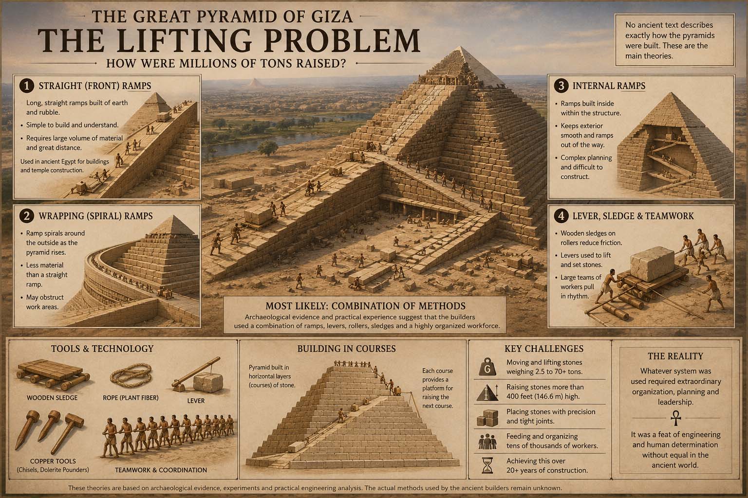 Museum comparison of proposed methods for raising stones during Great Pyramid construction