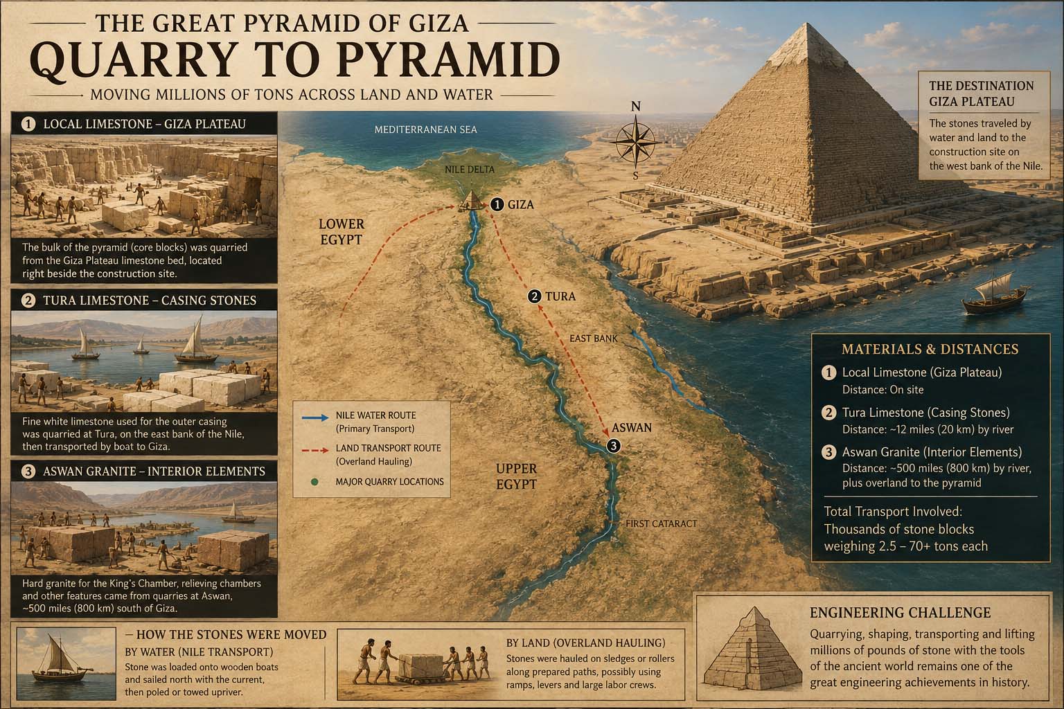 Museum map and engineering illustration showing Giza limestone, Tura limestone, Aswan granite and transport toward the Great Pyramid