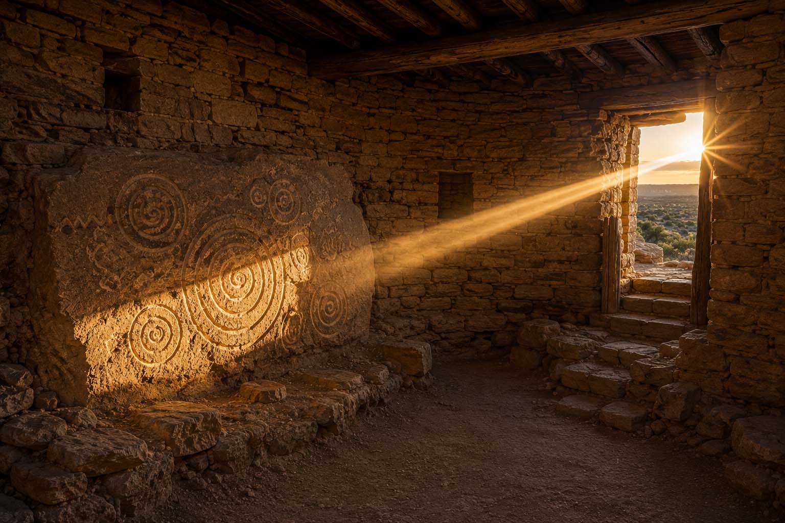 Interpretive illustration of sunlight reaching ancestral Pueblo petroglyphs at Hovenweep