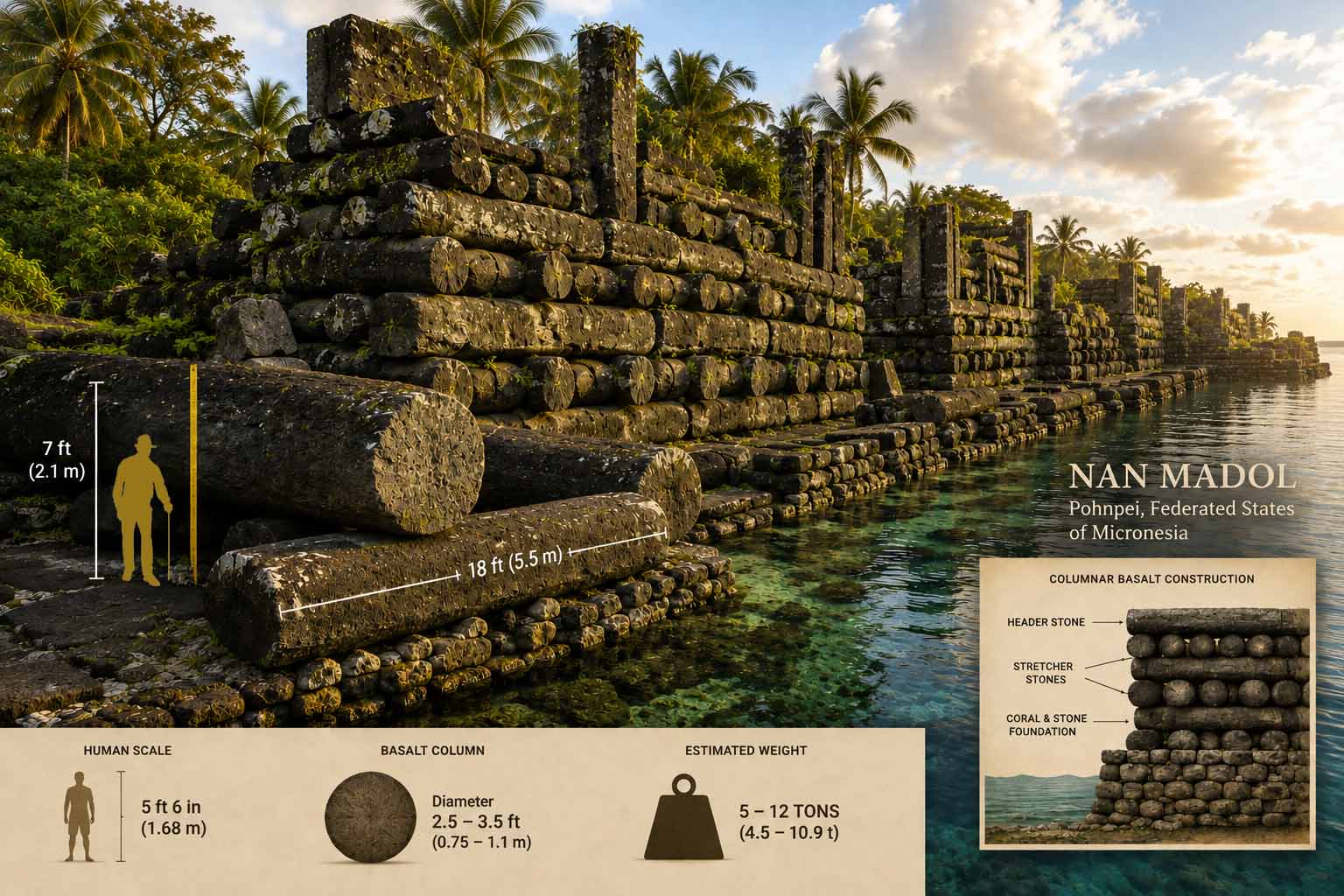 Nan Madol engineering exhibit showing stacked columnar basalt walls beside a tidal canal, with human scale, stone measurements and construction diagram