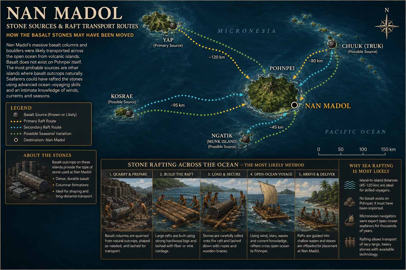 Museum engineering reconstruction mapping possible raft transport routes toward Nan Madol