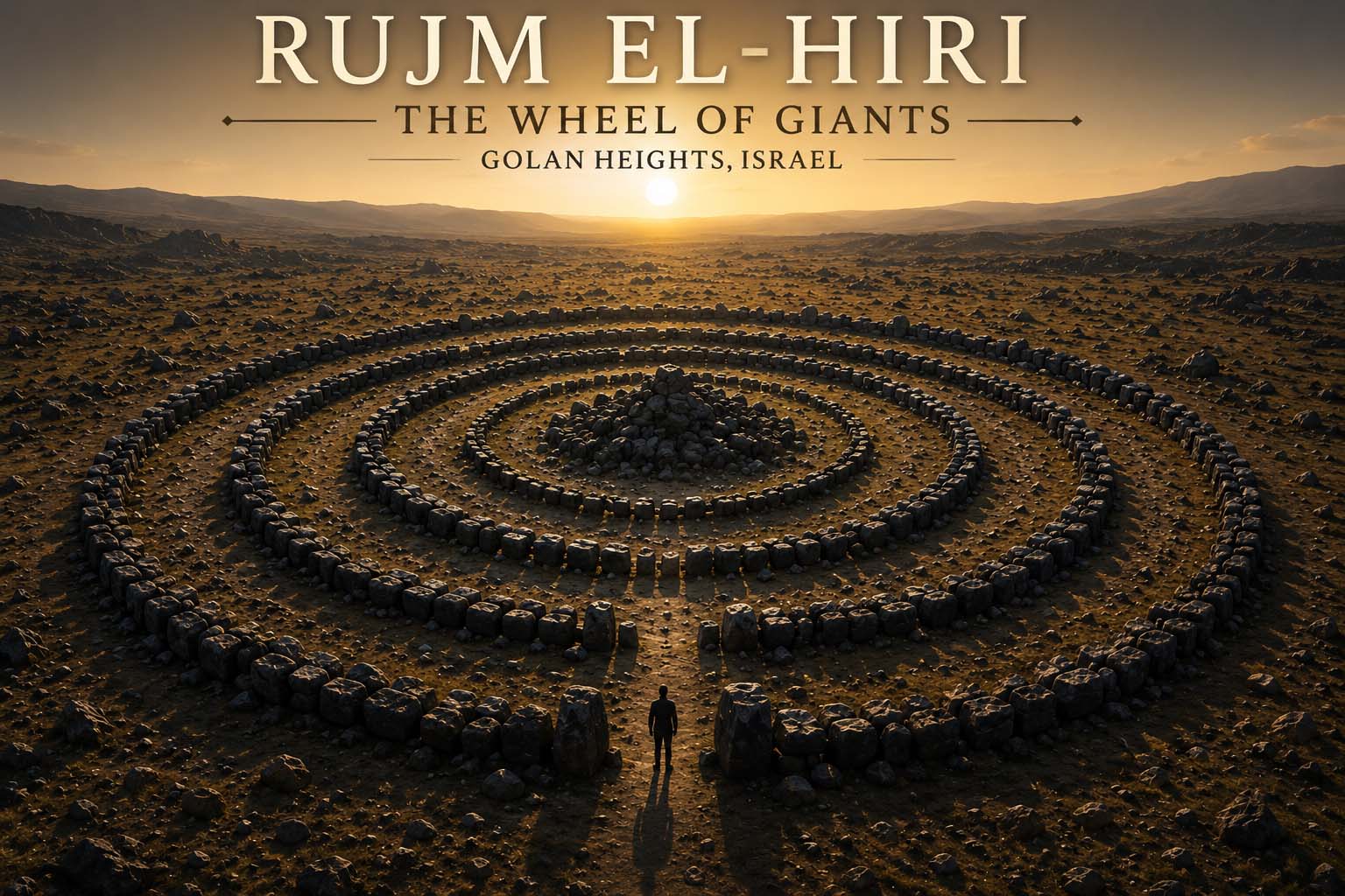 Aerial museum illustration of Rujm el-Hiri, the Wheel of Giants, showing its concentric basalt rings and central cairn