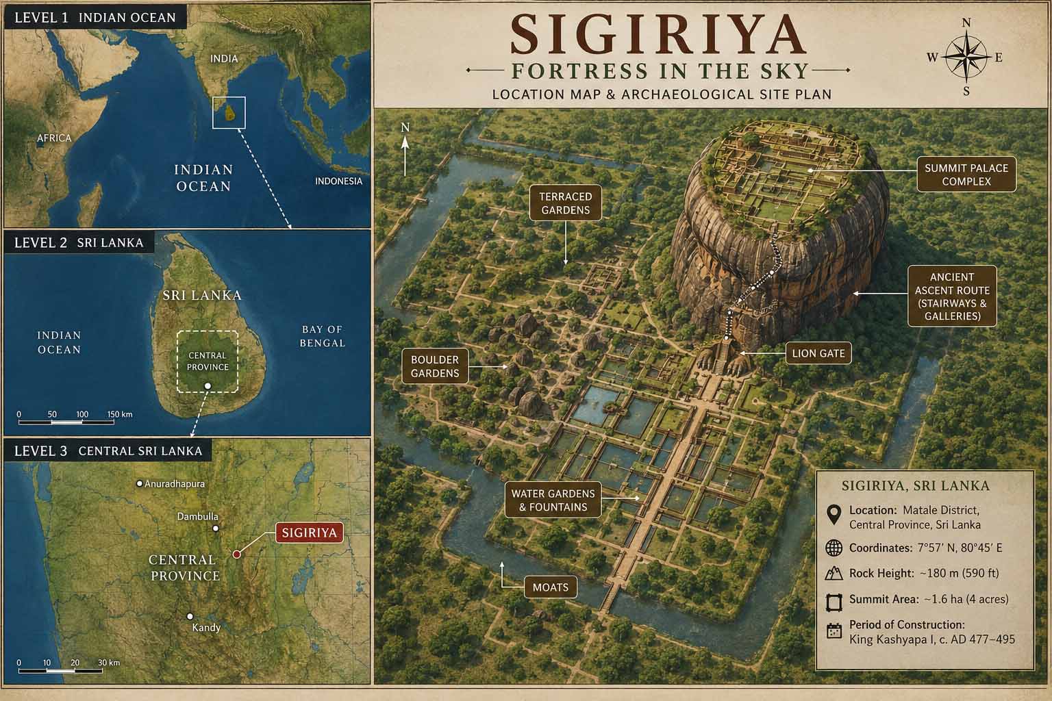 Three-level location map from the Indian Ocean to Sri Lanka and Central Sri Lanka, with an archaeological site plan of Sigiriya