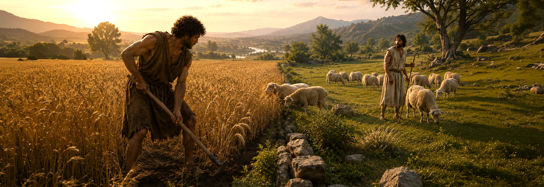 Cain working an adjoining cultivated field while Abel tends sheep, with a few sheep wandering near the crop field.