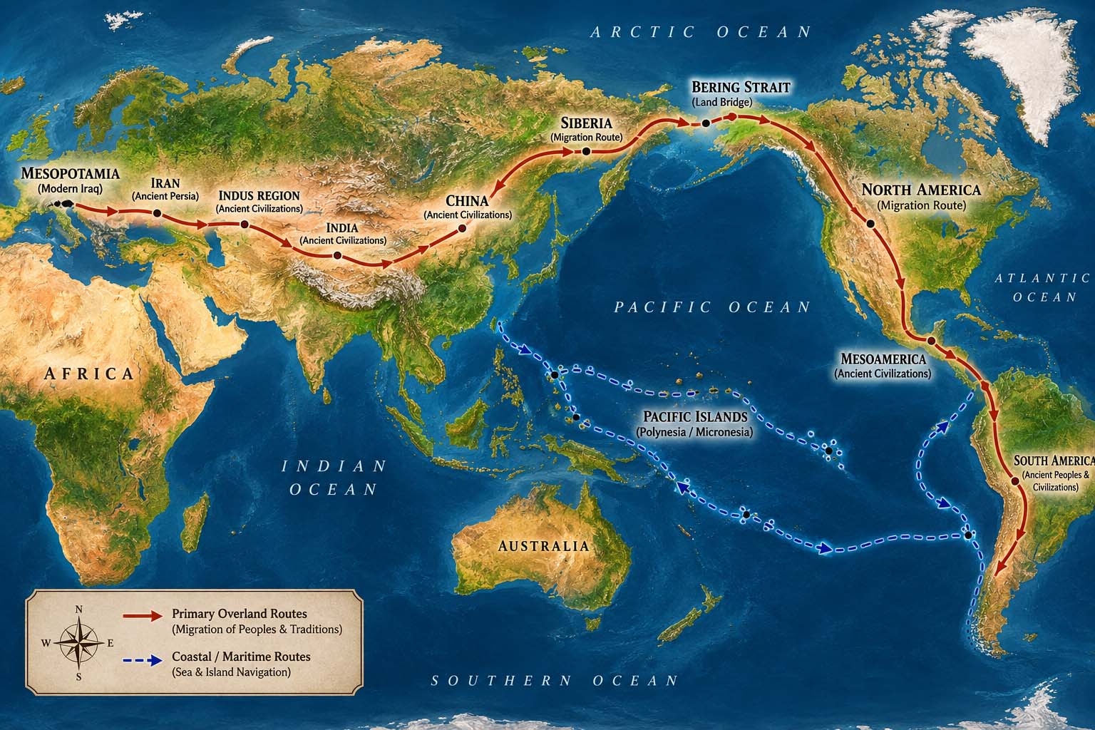 Illustrated map tracing possible migration routes from Mesopotamia eastward through Asia, across the Bering Strait, into the Americas, with additional maritime routes across the Pacific.