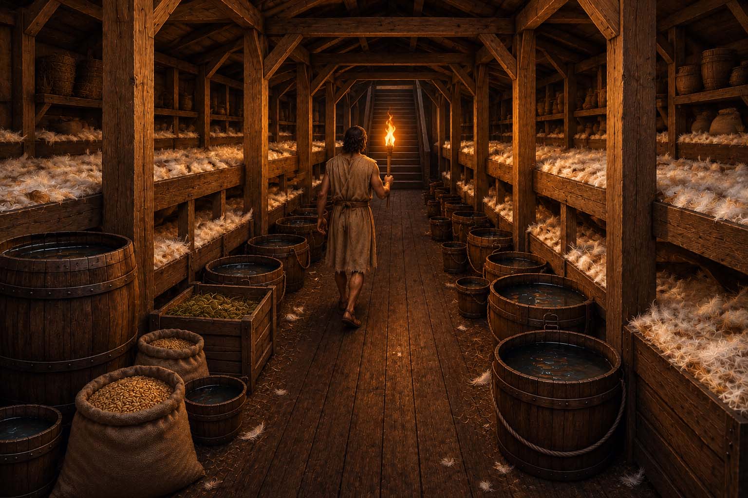 Artistic depiction of Shem inspecting prepared animal holding bins inside Noah's Ark