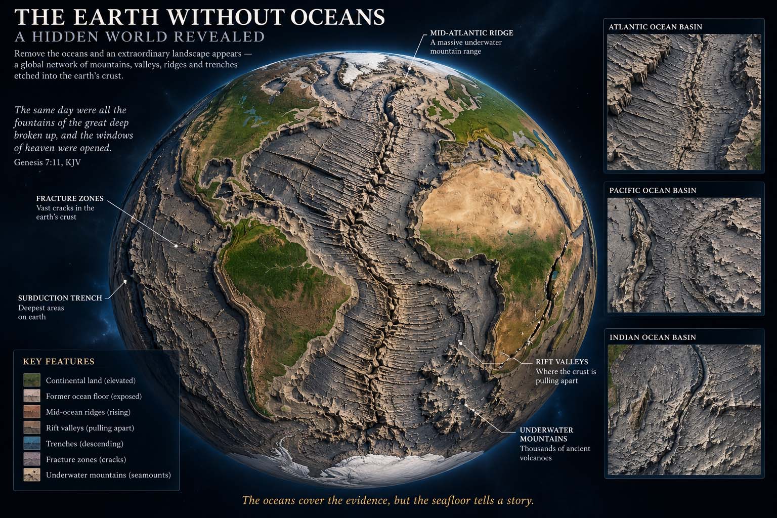 Museum infographic showing Earth with the oceans removed to expose major seafloor ridges, rifts, trenches, fracture zones, and underwater mountain systems.