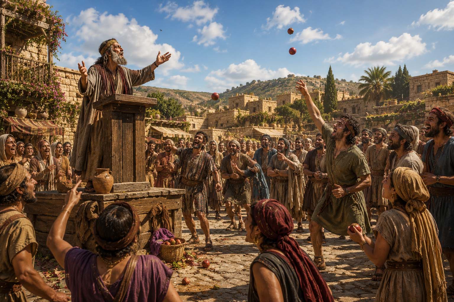 An earlier pre-Flood preacher warns a sunlit crowd of coming judgment while people laugh, mock him, and throw fruit.