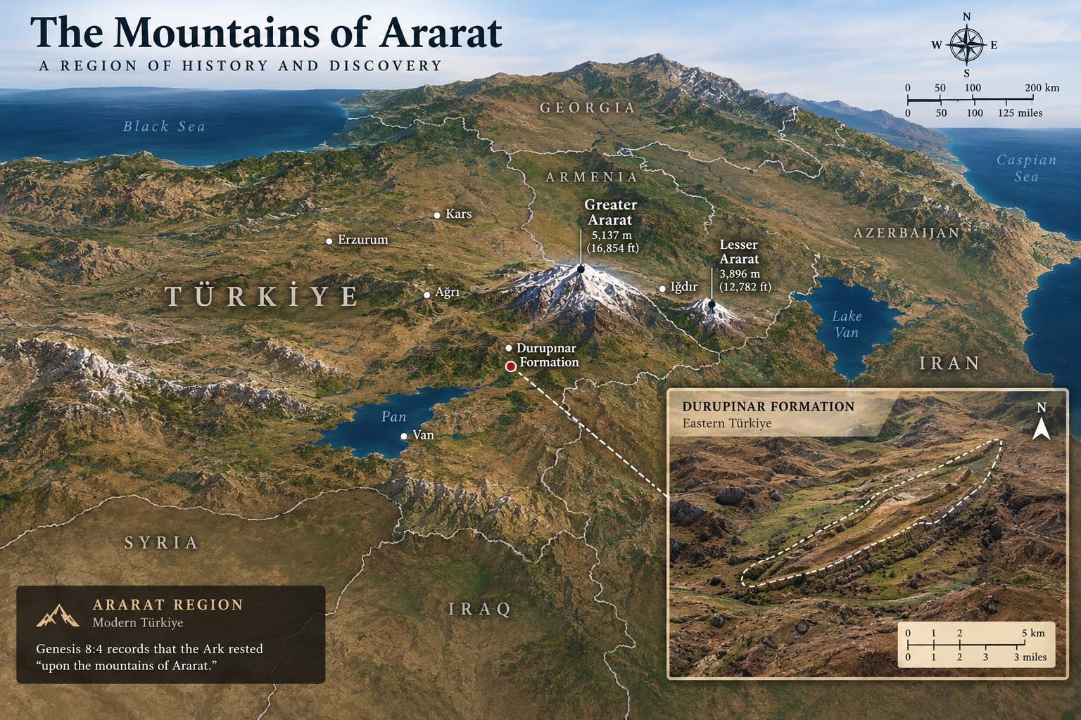 Museum map of the Mountains of Ararat region showing eastern Türkiye and neighboring countries, Greater and Lesser Ararat, Lake Van, and the Durupınar formation.