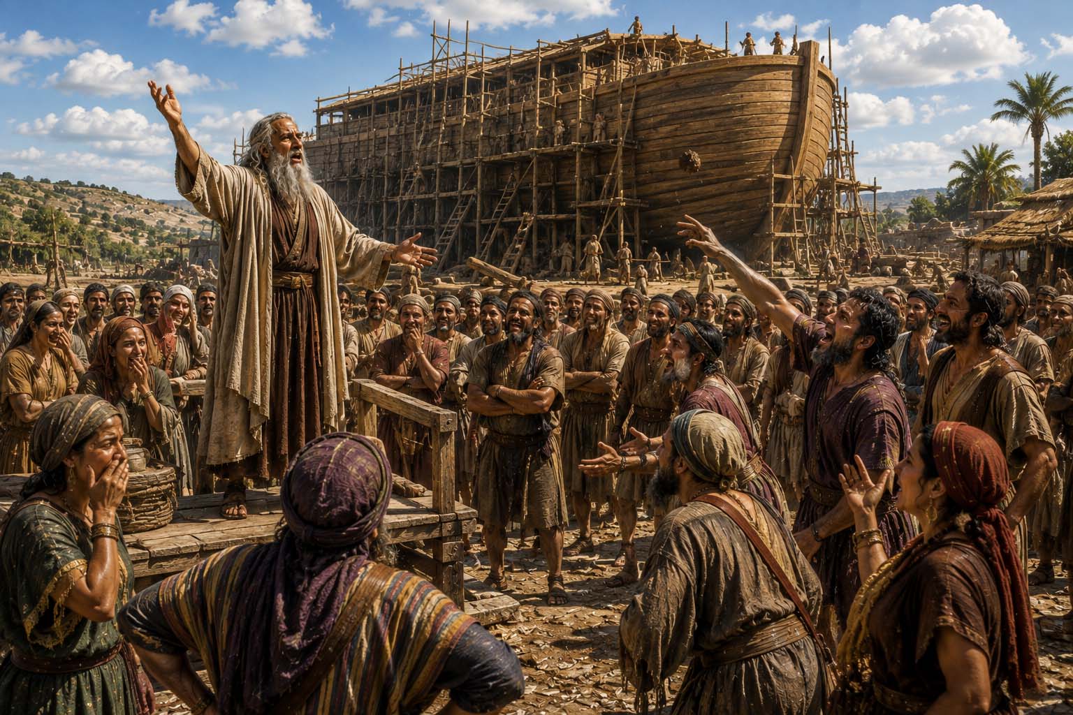 Noah warns a questioning and mocking crowd while a massive wooden Ark is visibly under construction behind him under a bright blue sky.