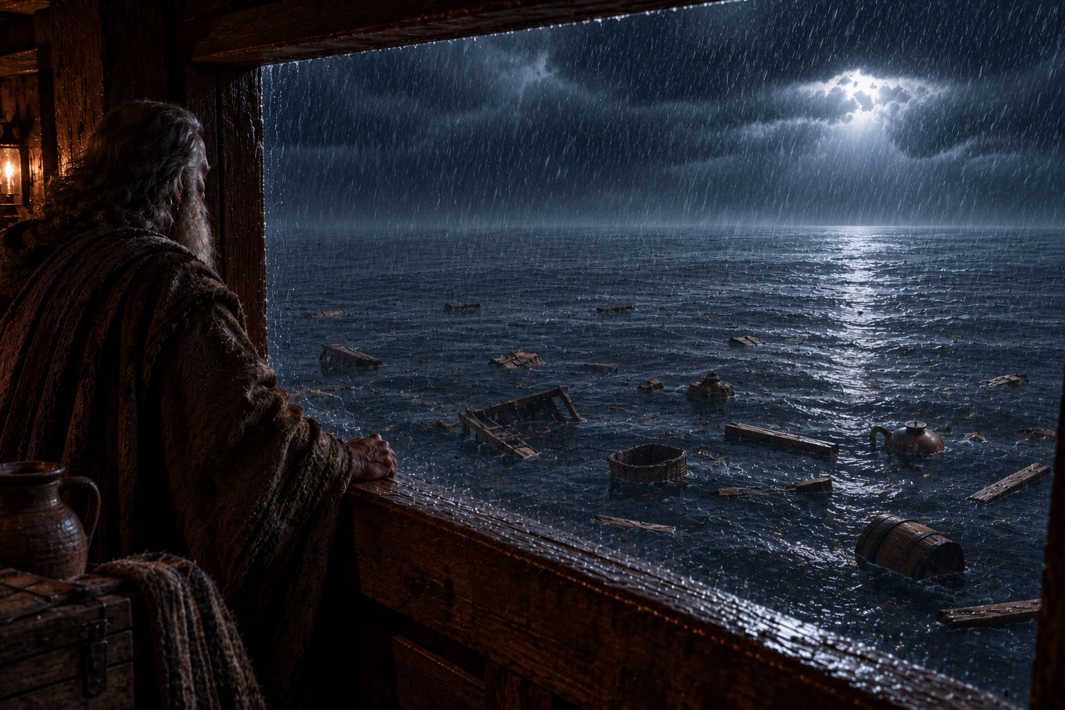 View from high inside the Ark as one person looks through a window over a dark rain-covered ocean with floating baskets, broken wooden planks, vessels, barrels, and other debris, with no land or visible life remaining.