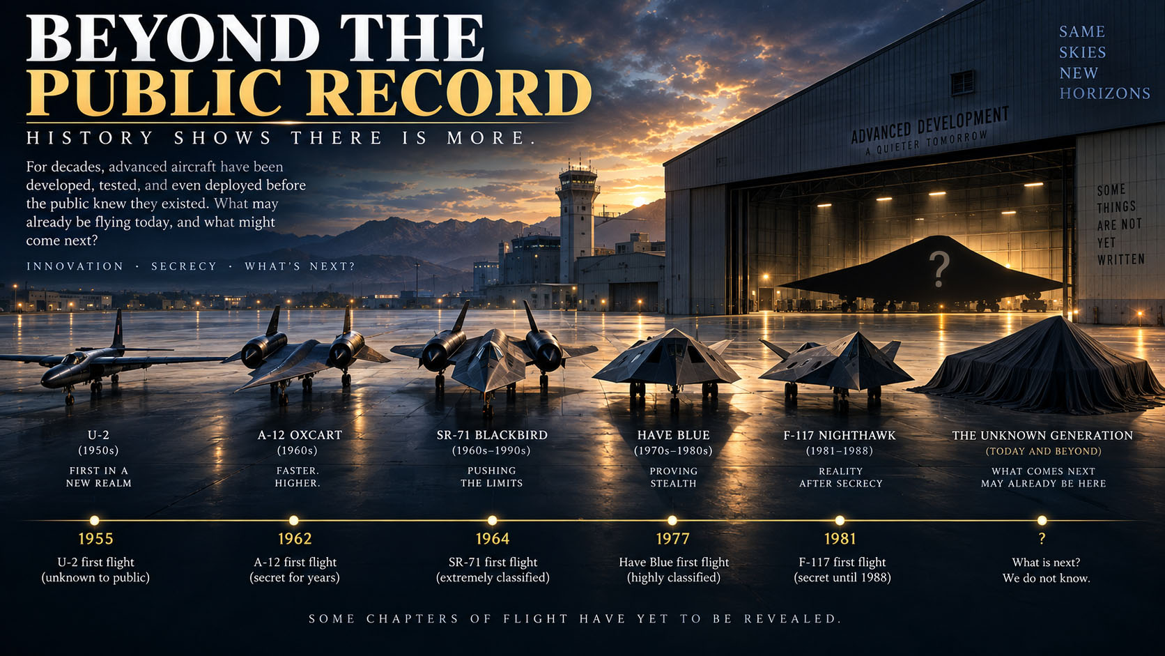 Museum concept illustration tracing formerly secret American aircraft programs from the U-2 through stealth development, ending with an unidentified silhouette representing what is not publicly known.