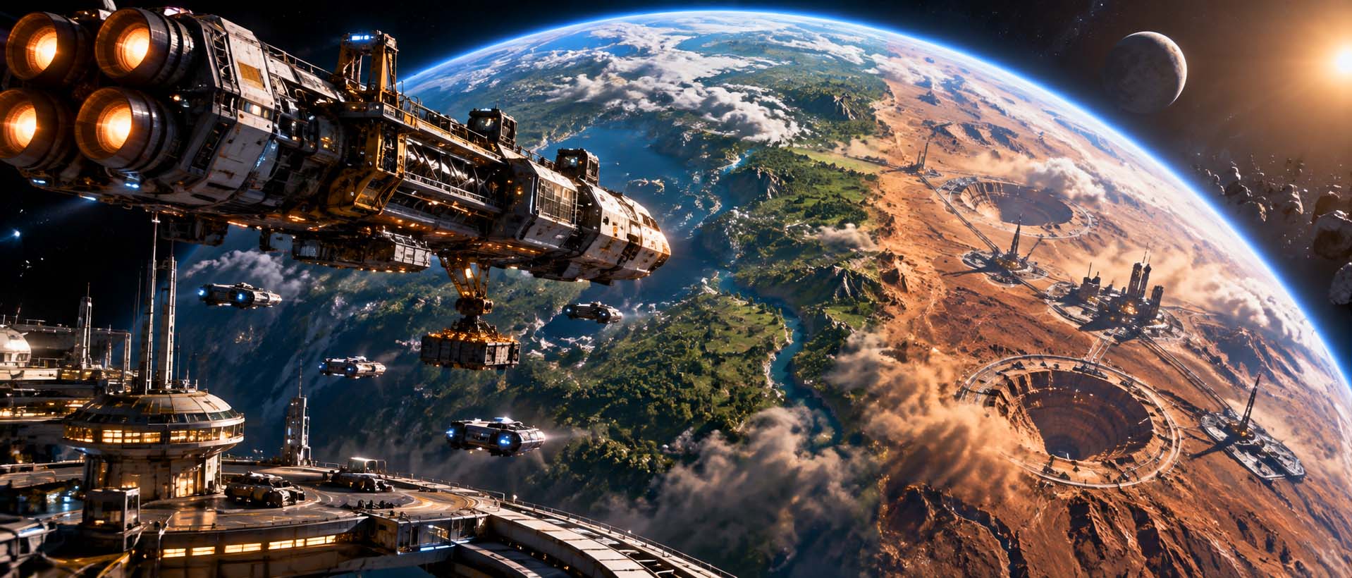 An industrial spacecraft orbiting a partially terraformed planet with mining and settlement infrastructure.
