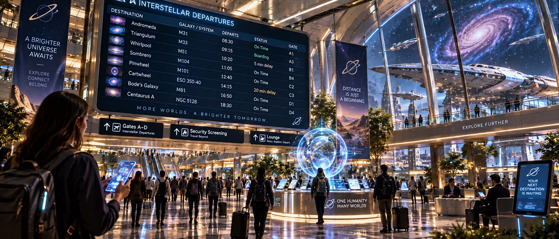 An ultra-modern interstellar passenger terminal with travelers, spacecraft, and a digital departures board for distant galaxies.