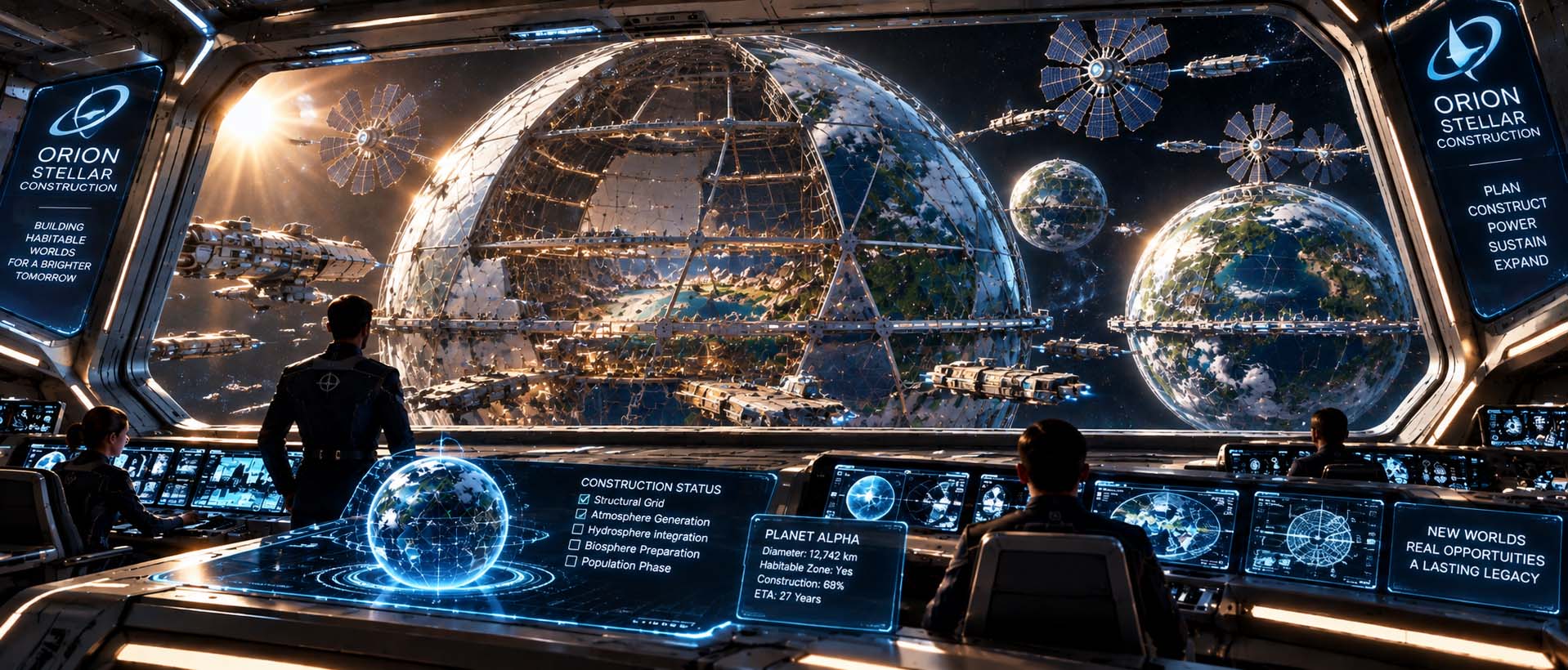 Three artificial geodesic Earth-like worlds near a star, one under construction, with advanced energy-harvesting vessels directing stellar power toward the completed worlds.