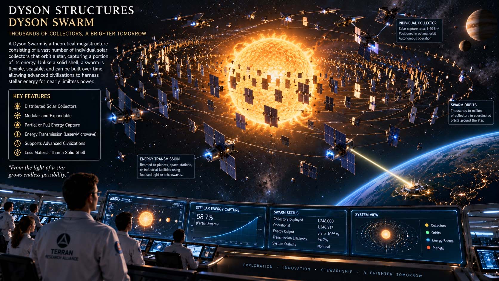 Concept illustration of a theoretical Dyson swarm composed of vast numbers of independent solar-energy collectors orbiting a star