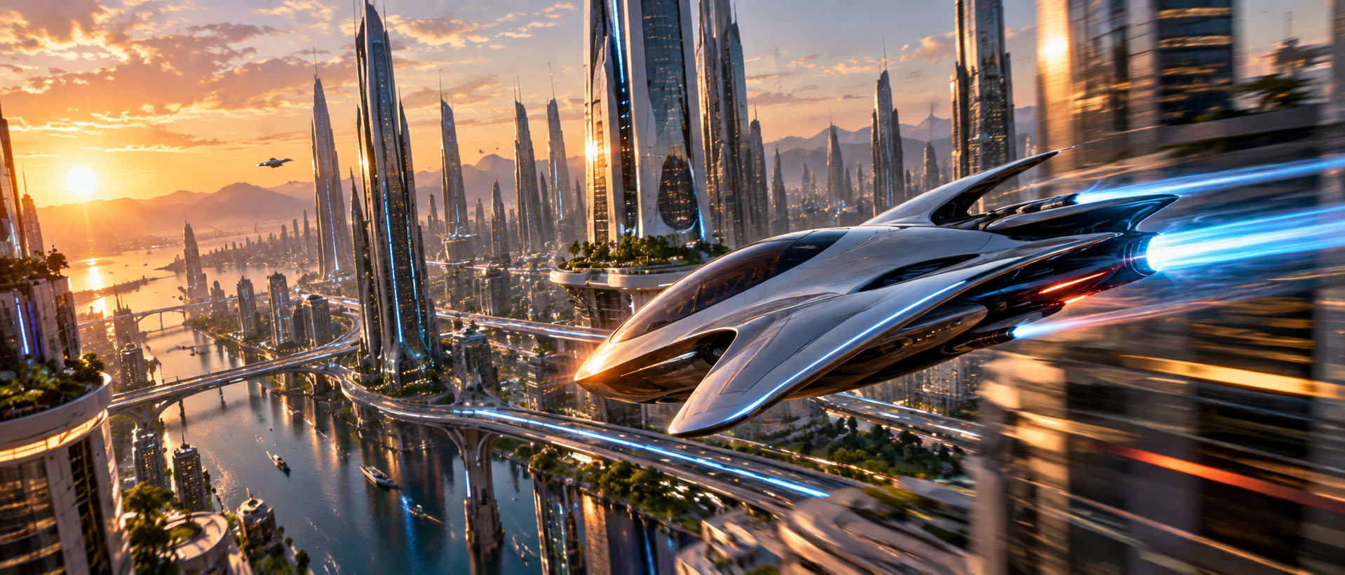 An ultra-modern flying craft racing through a futuristic cityscape at sunset.