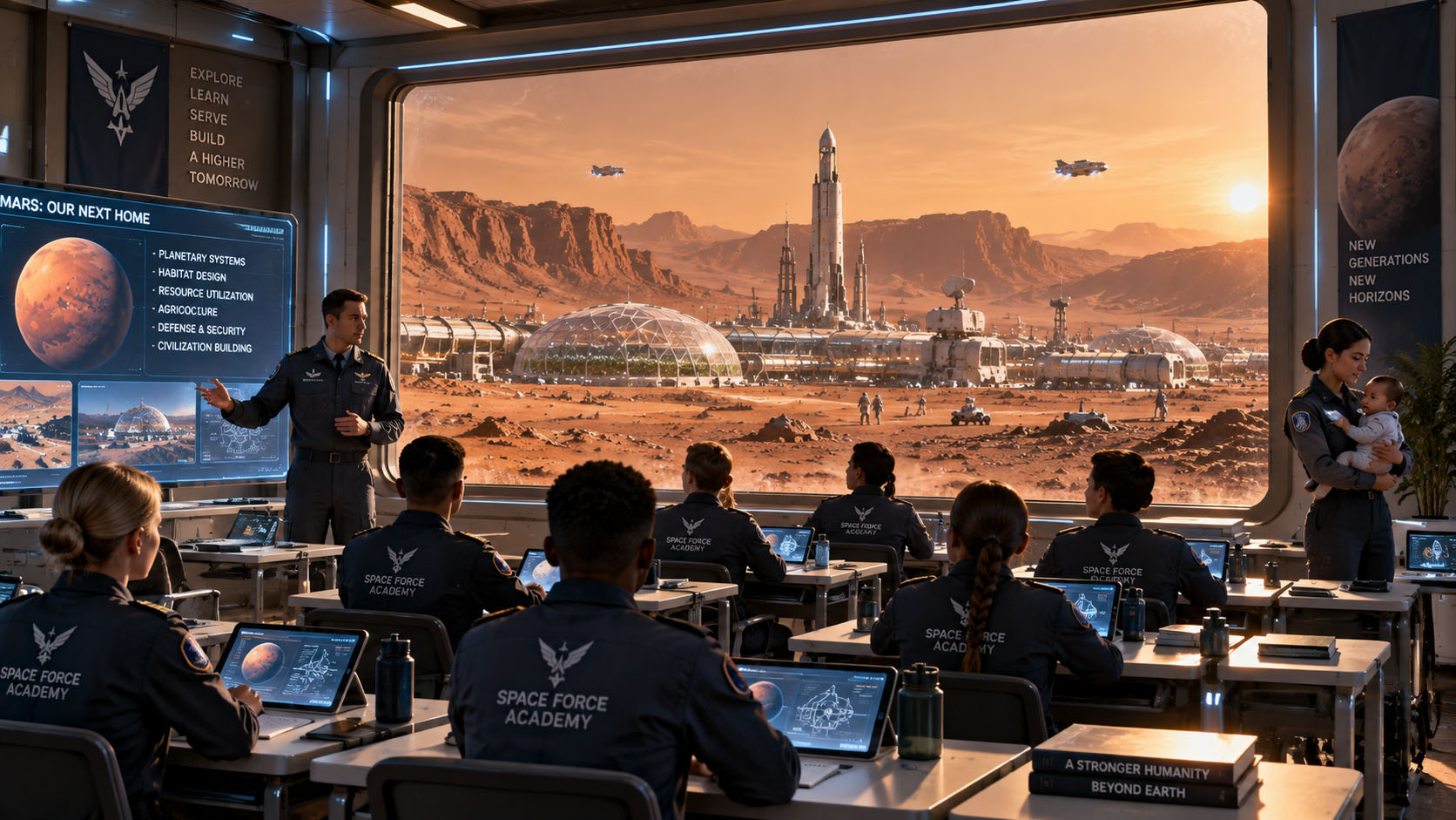 Concept illustration of a classroom of space academy cadets inside a growing Mars settlement, with the Martian surface and colony visible through a large reinforced observation window and a cadet holding an infant
