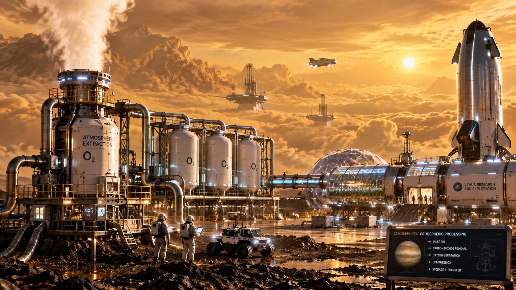 Concept illustration of an advanced Venus resource-processing facility extracting oxygen, filling cylindrical storage tanks, and supplying a surface habitat and spacecraft
