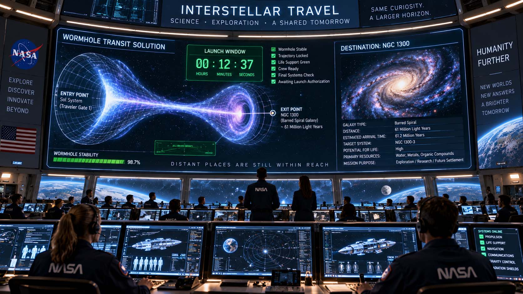 Concept illustration of a future mission control center monitoring a crewed spacecraft launch window through a theoretical wormhole toward a distant galaxy