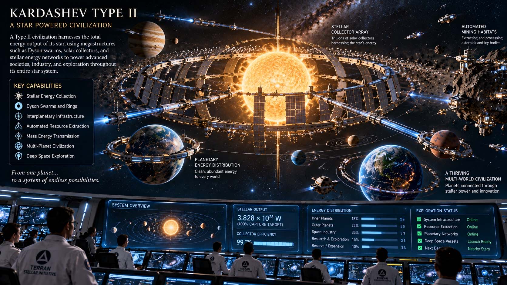 Concept illustration of a theoretical Kardashev Type II civilization using vast stellar-energy collectors and infrastructure throughout a star system