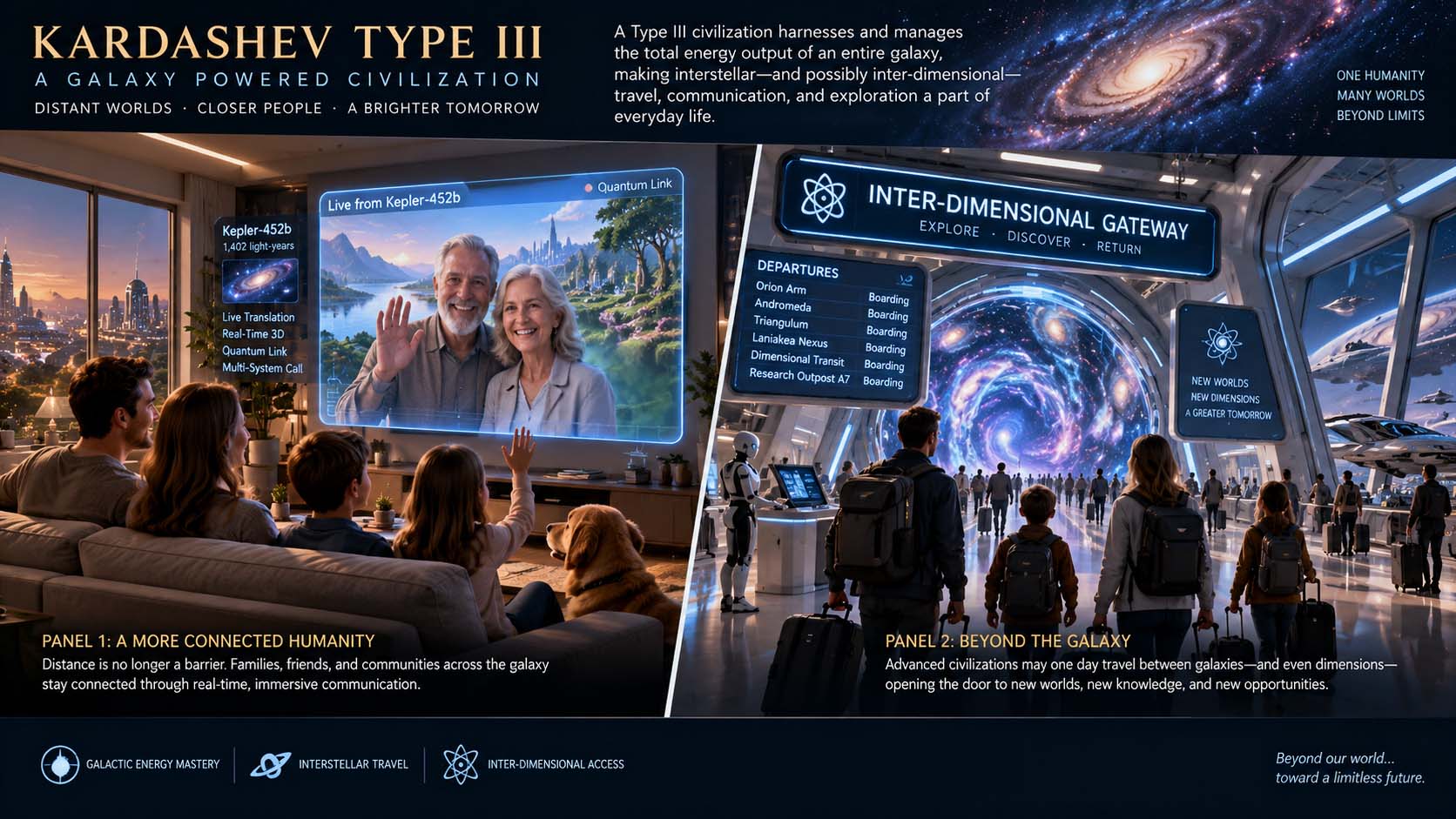 exploratory two-panel illustration of a Kardashev Type III civilization showing a family communicating across galactic distances and travelers preparing to enter an inter-dimensional gateway